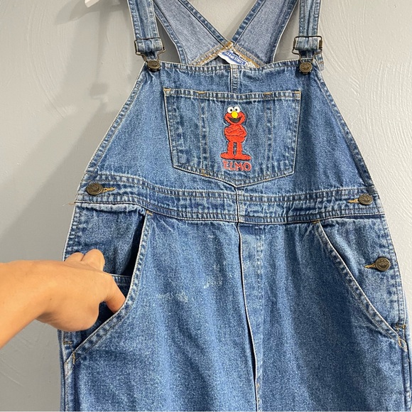 VINTAGE SESAME STREET ELMO DENIM EMBROIDERED OVERALLS JEAN Y2K kidcore blue - Picture 4 of 13